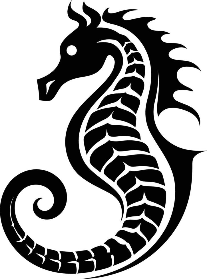 A bold and stylish black and white illustration of a stylized seahorse, perfect for logos, tattoos, or any design project needing a touch of ocean inspired flair vector