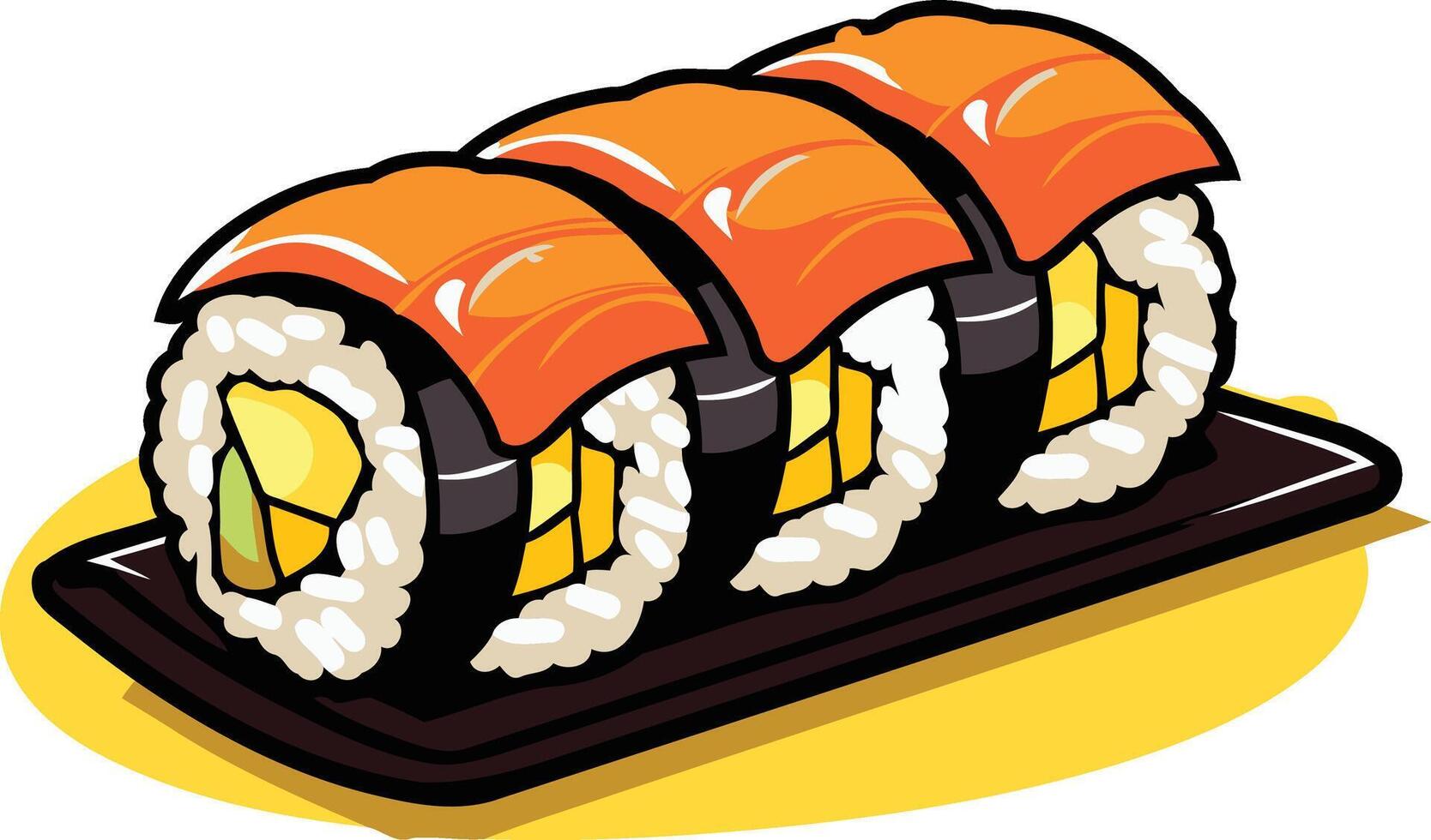 Cute cartoon illustration of a sushi roll with salmon and avocado on a plate, perfect for menus, social media, or food blogs vector
