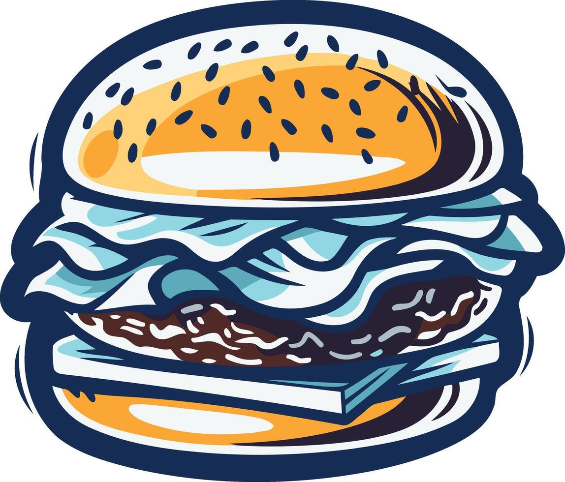 A cartoon style illustration of a juicy burger with sesame seeds, lettuce, and a cheese slice vector