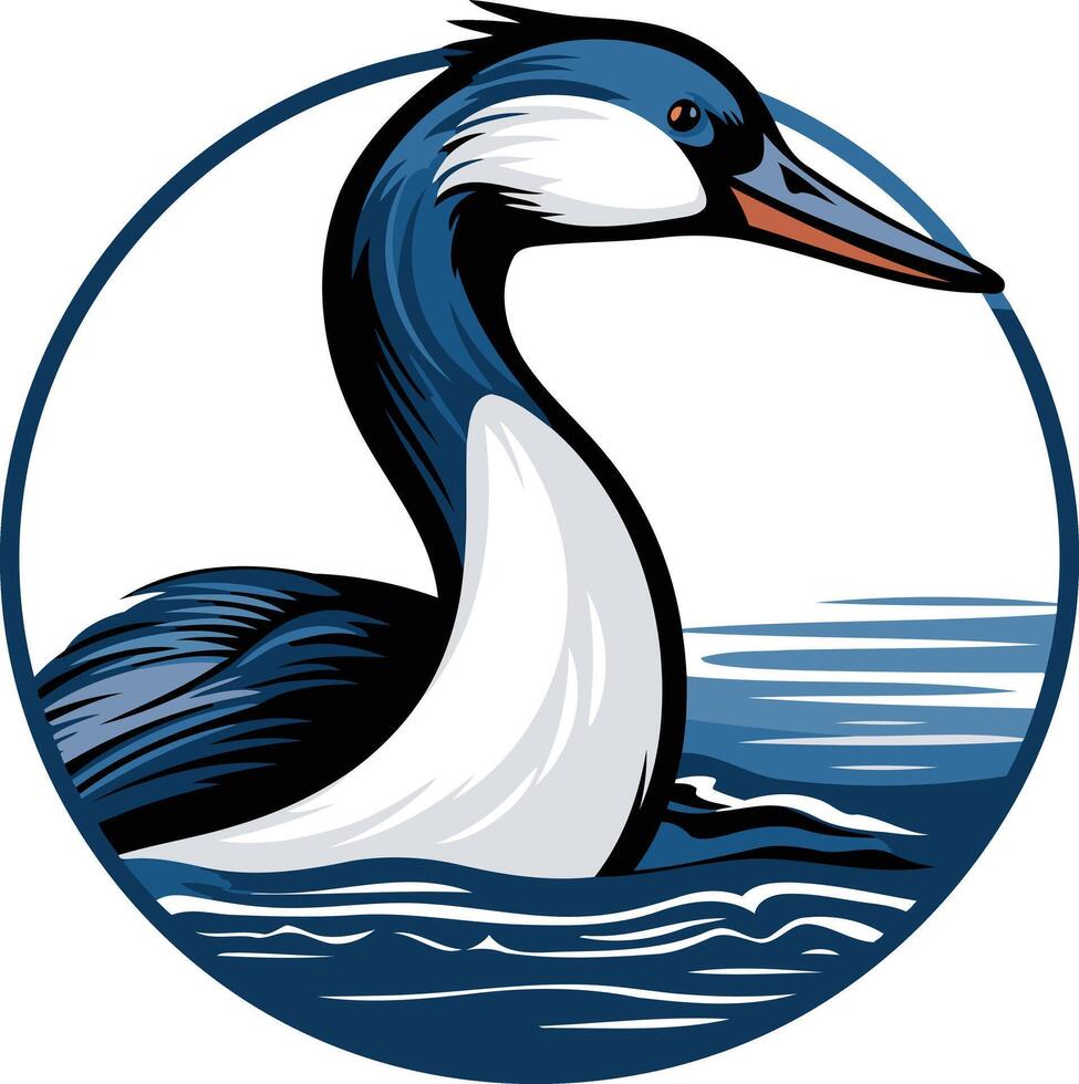 A striking logo design featuring a stylized great northern diver with its head turned back, partially submerged in stylized waves vector