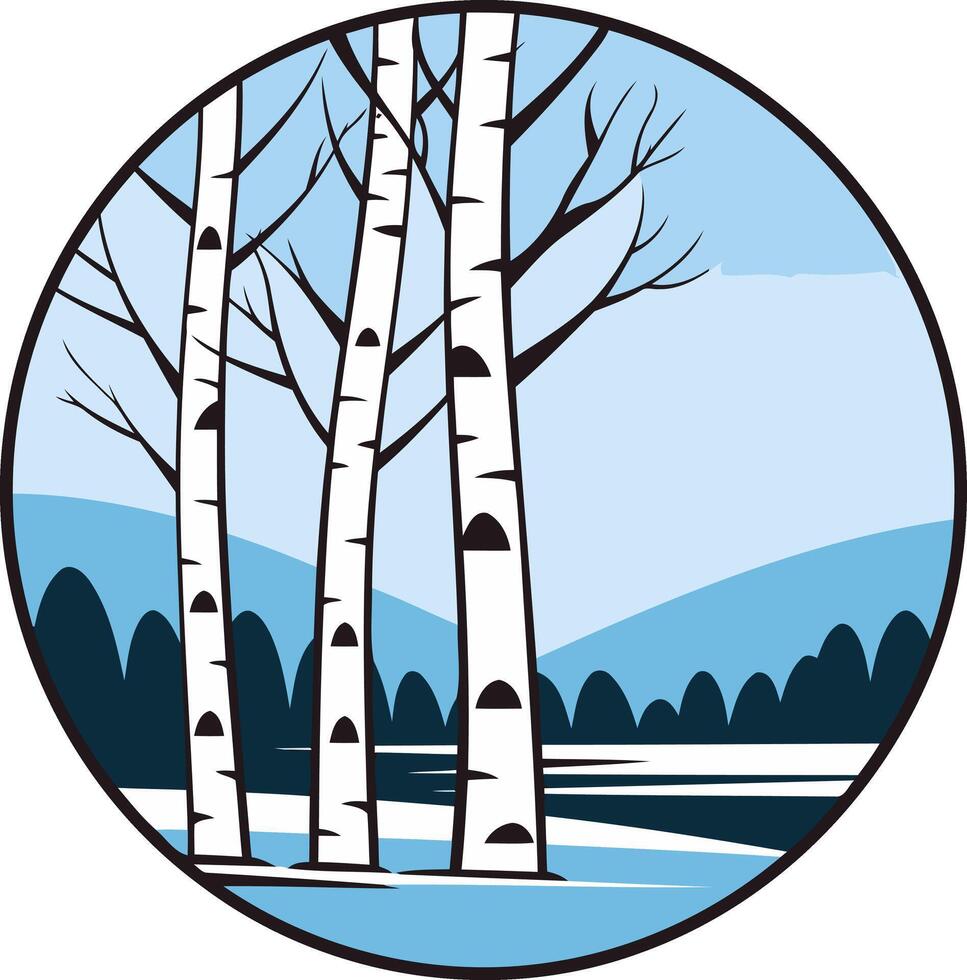Simple, yet elegant illustration of three birch trees silhouetted against a blue sky and distant hills vector