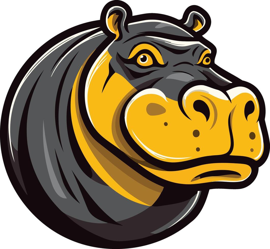 A fierce and stylized cartoon hippopotamus head, with a bold black and yellow color scheme, perfect for a mascot or logo design vector