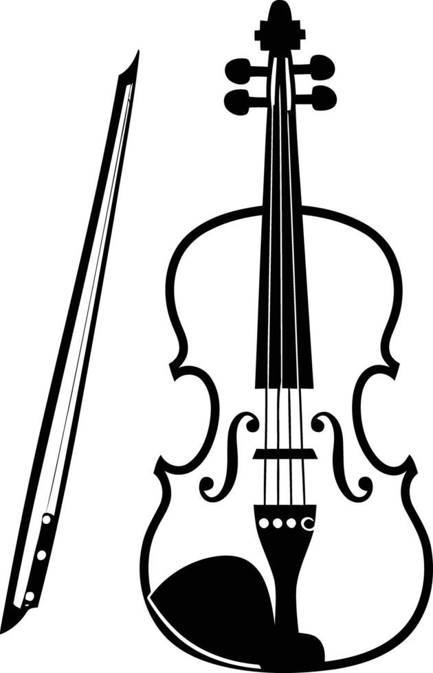 Simple black and white silhouette of a violin and bow, perfect for music related projects vector