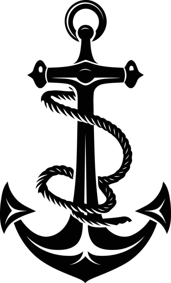A classic anchor silhouette with a nautical rope wrapped around its shaft, perfect for maritime themed projects, logos, and designs vector