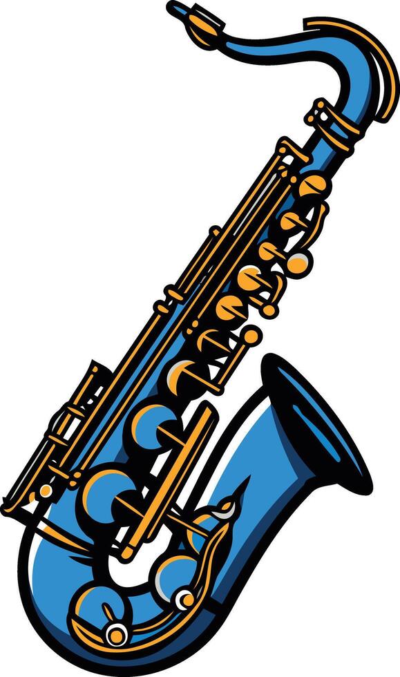 A vibrant blue saxophone with gold accents, perfect for music, jazz, and band designs vector