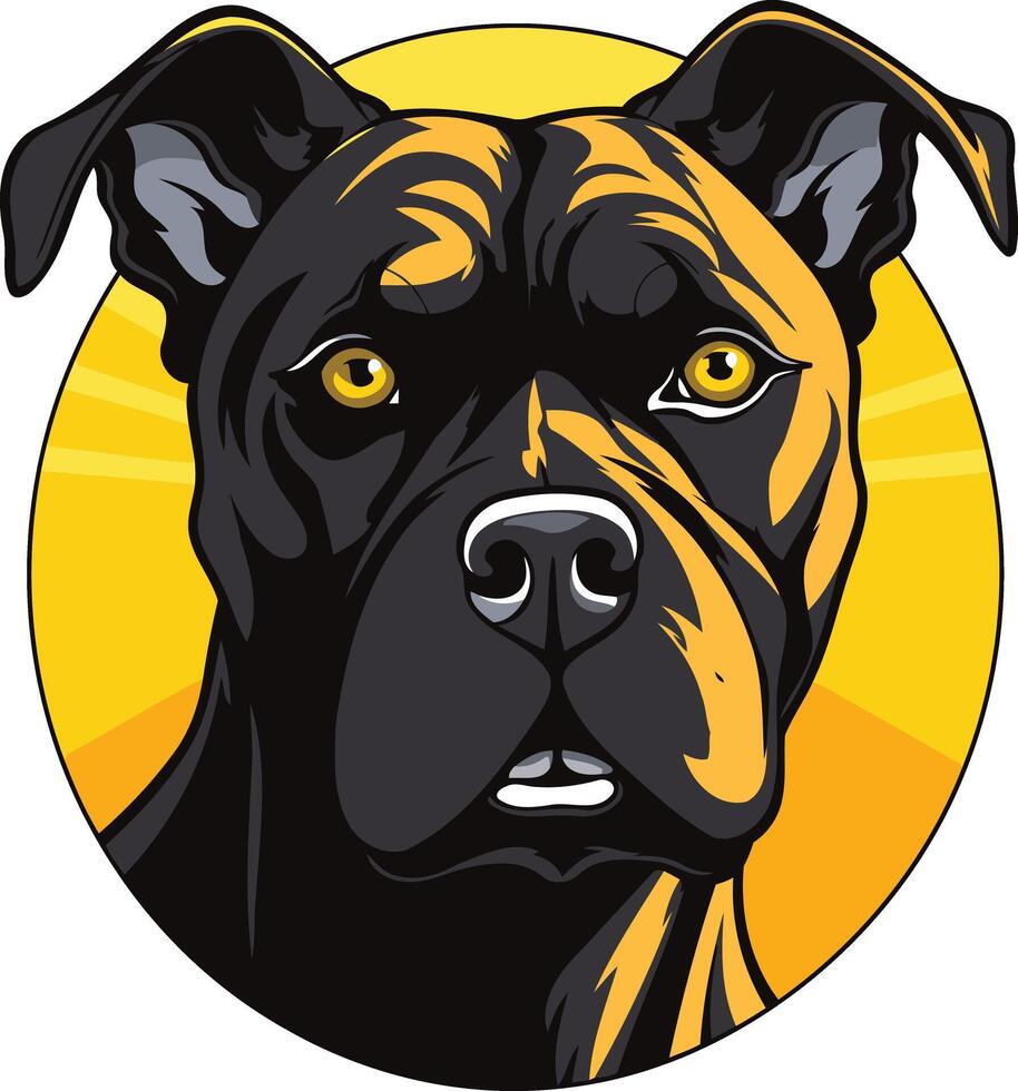 A fierce and powerful black and tan pit bull stares intensely, with piercing eyes and a strong jawline vector