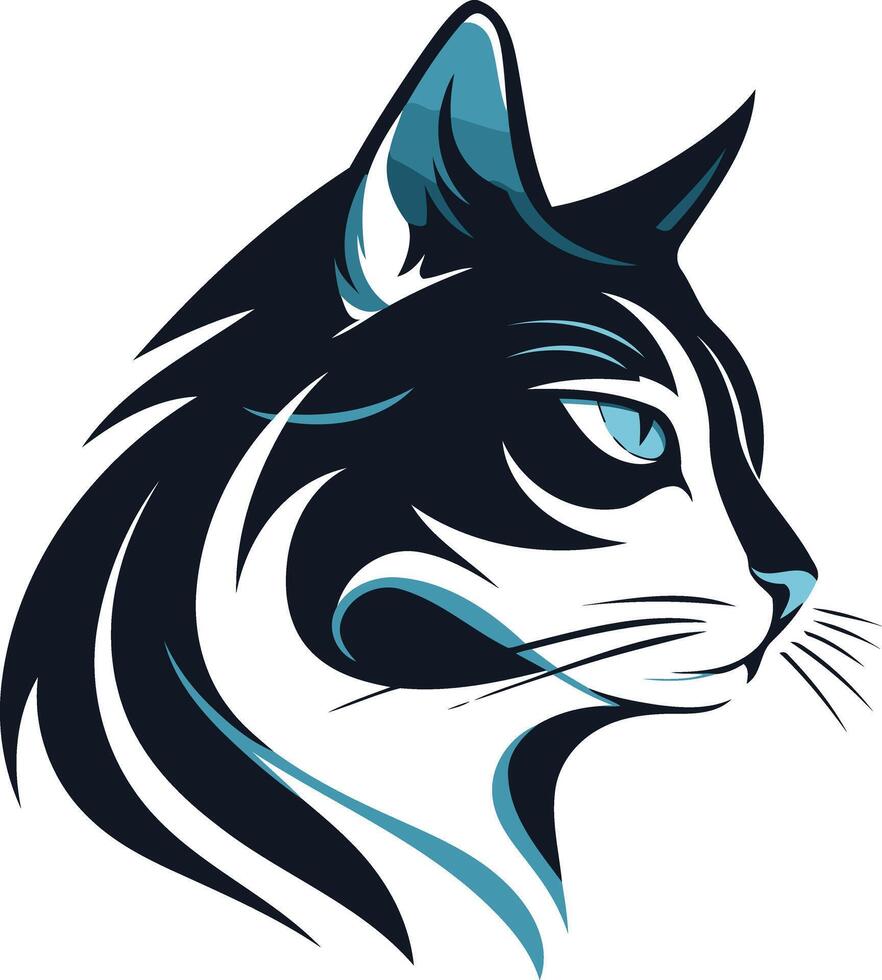 A striking, stylized cat head logo design in black, white, and blue vector