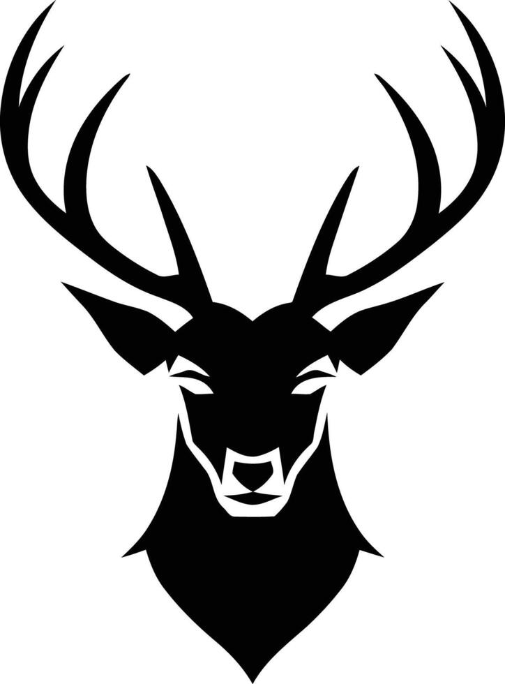 A striking black and white illustration of a deer's head with large antlers, perfect for logo designs, branding, and nature inspired imagery vector