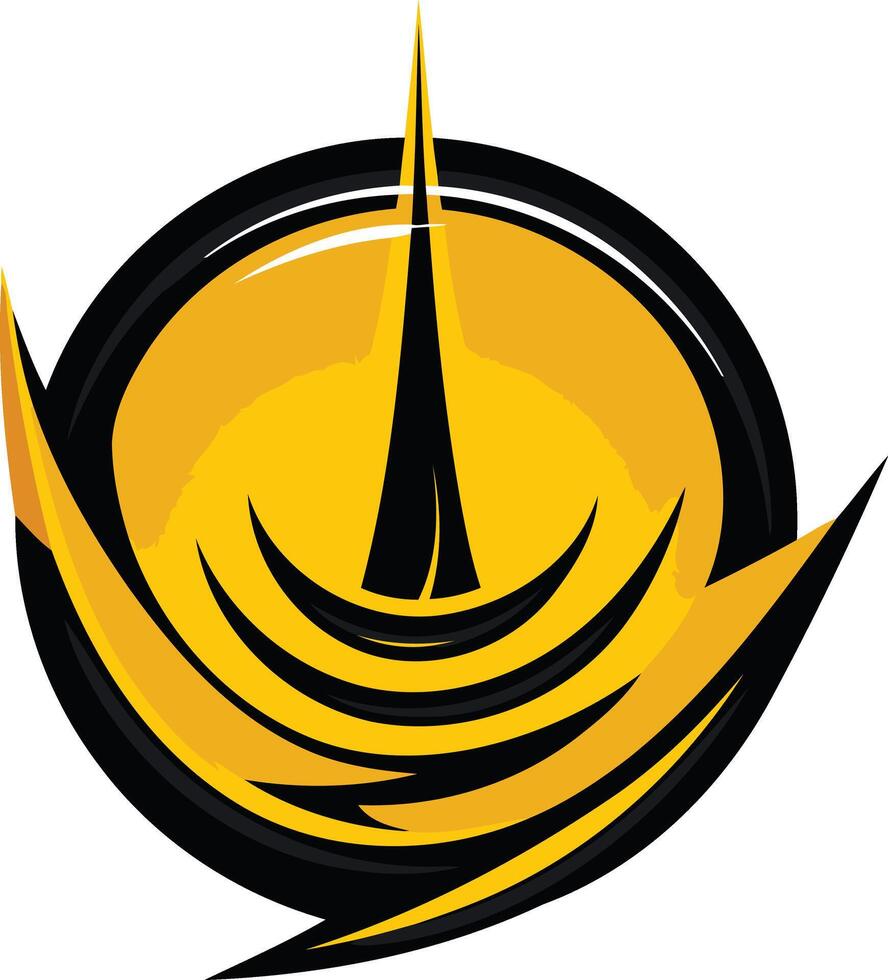 A bold and dynamic logo design featuring a black spire piercing a yellow sun within a black circular frame vector