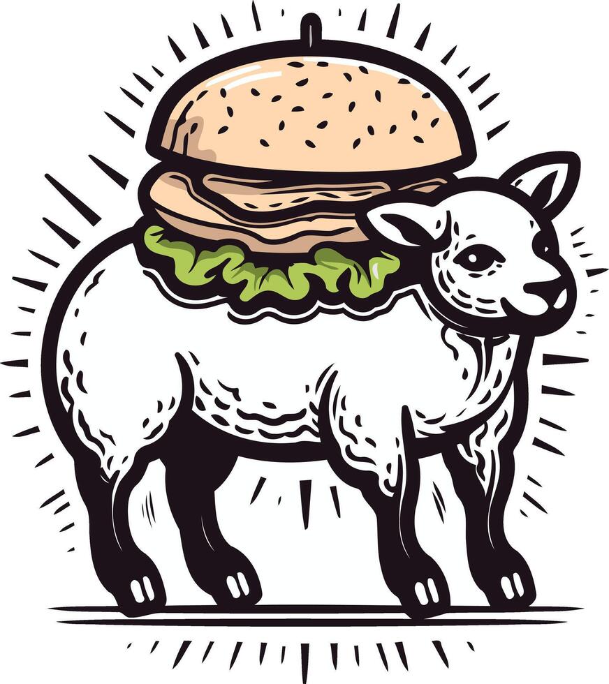 A whimsical illustration of a lamb wearing a hamburger as a hat vector