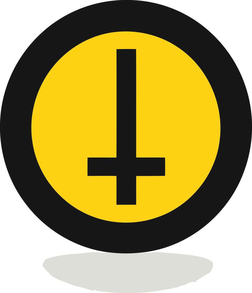 A minimalist, bold, black inverted cross logo design on a yellow circle, enclosed by a thick black ring, perfect for clothing, branding, and website design vector
