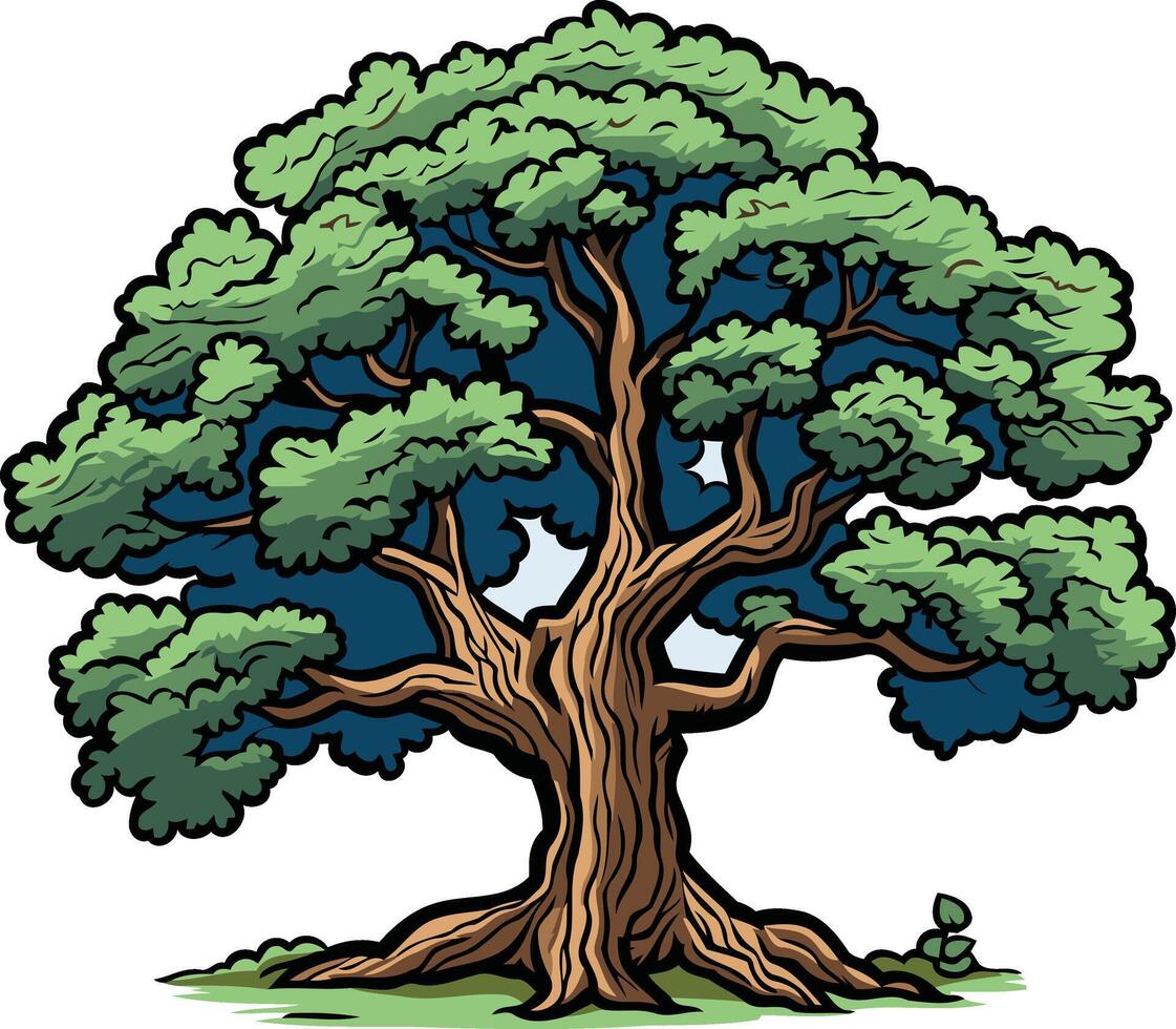 A vibrant cartoon illustration of a large, sturdy oak tree with lush green leaves, perfect for nature themed projects, children's books, and educational materials vector