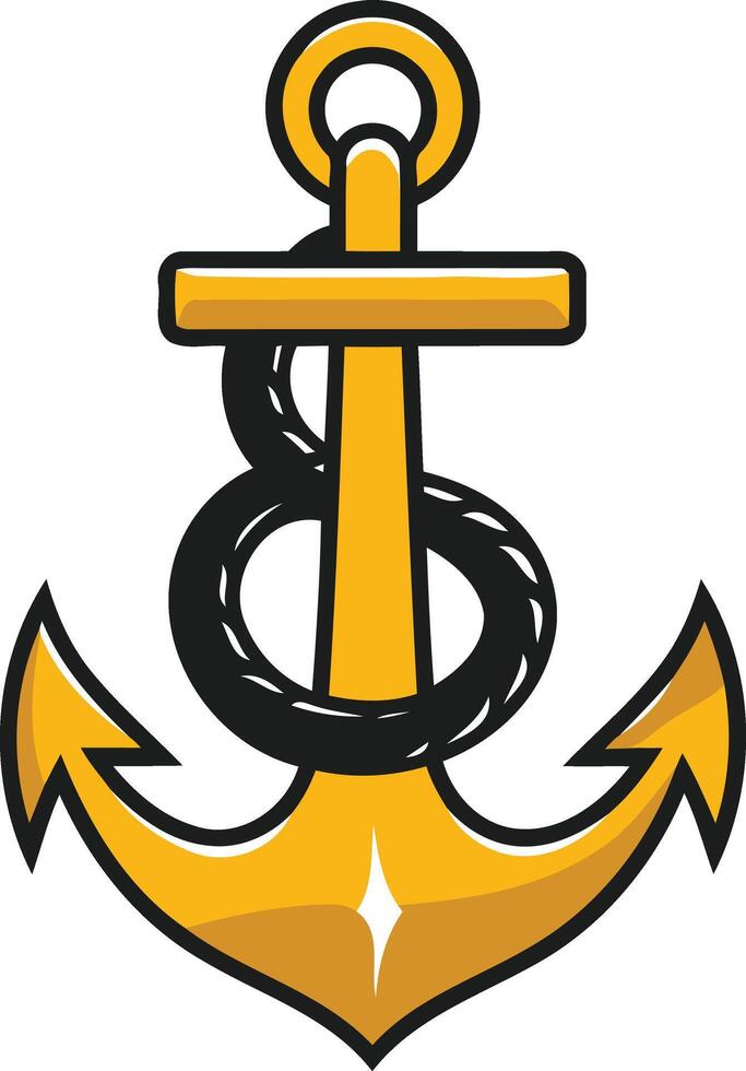 A bold, cartoon style gold anchor with a black rope wrapped around the shank vector