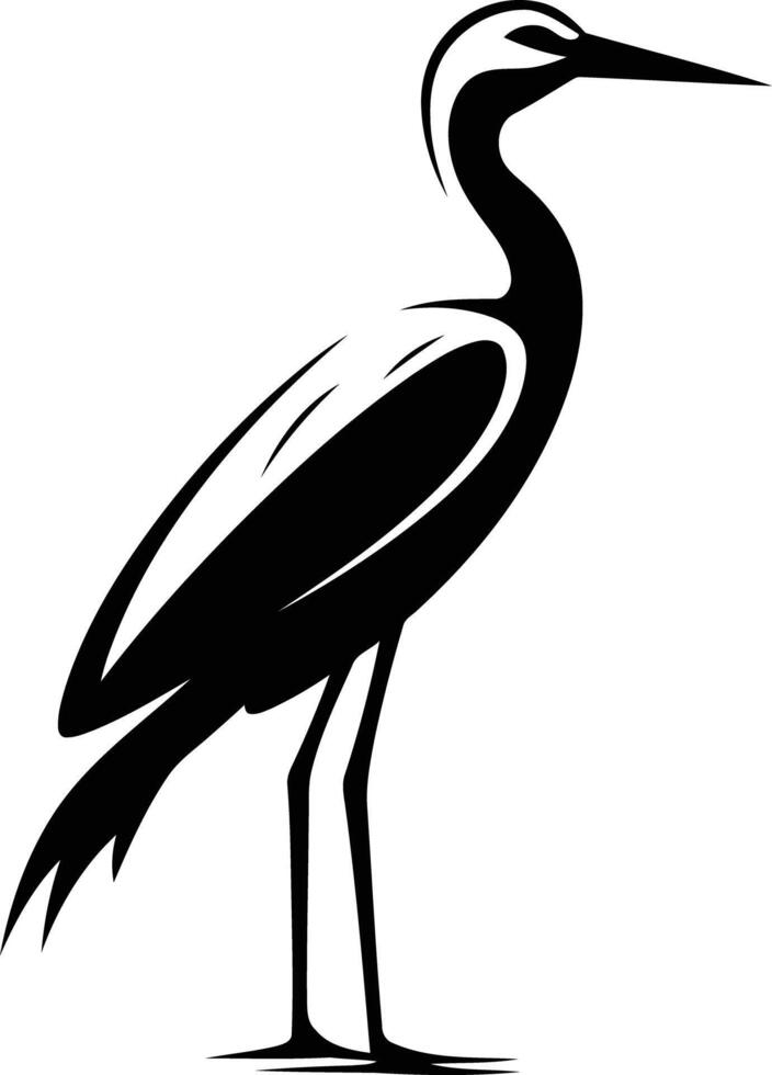 Simple black and white illustration of a graceful heron, perfect for logo design, branding, or nature themed projects vector