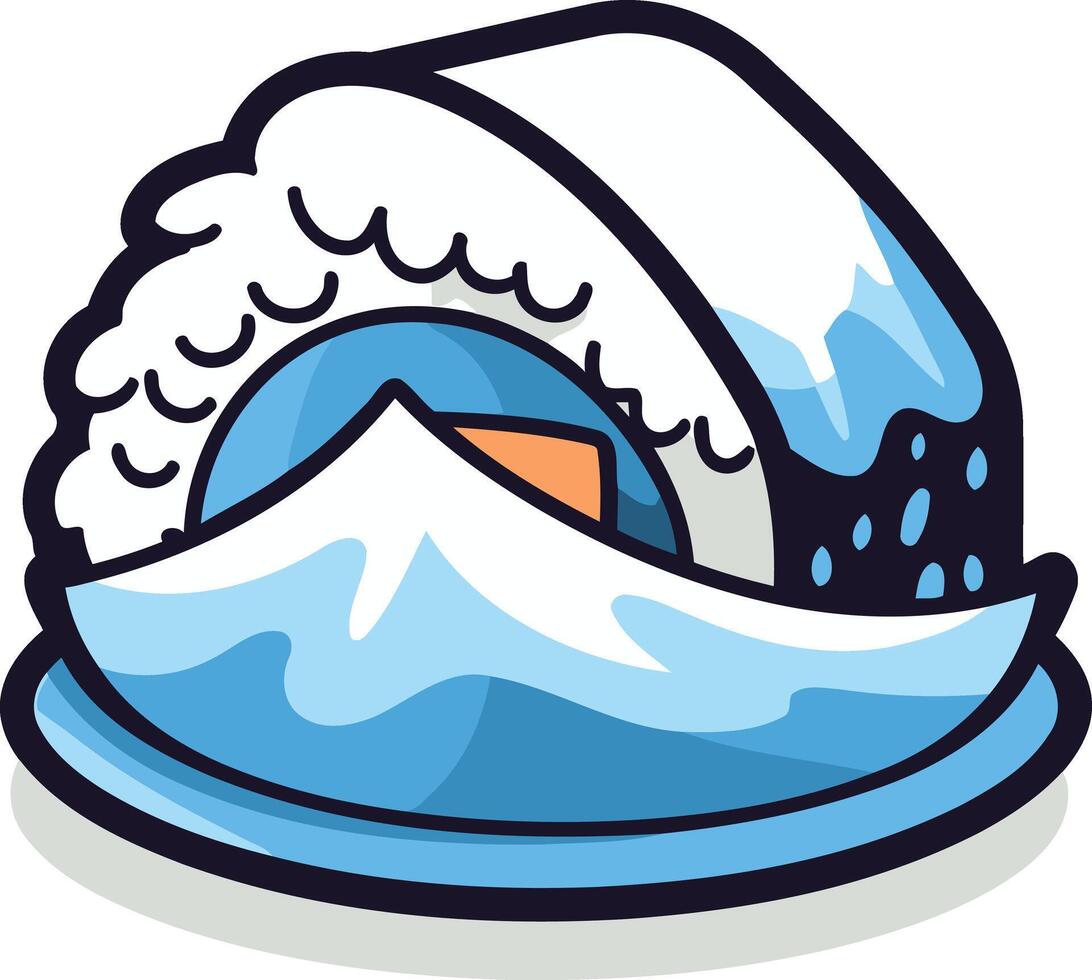 Cute, cartoon illustration of a sushi roll shaped like a wave, perfect for food related projects, social media, or branding vector
