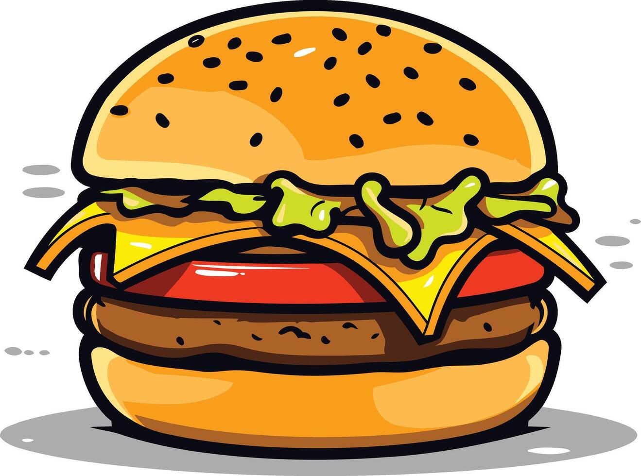 A cartoon illustration of a delicious looking hamburger with lettuce, cheese, and tomato, perfect for menu design, food blogs, and social media vector