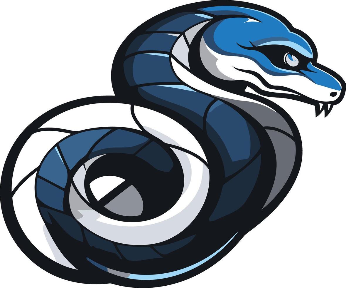 A bold and dynamic illustration of a coiled snake with a blue and white color scheme vector