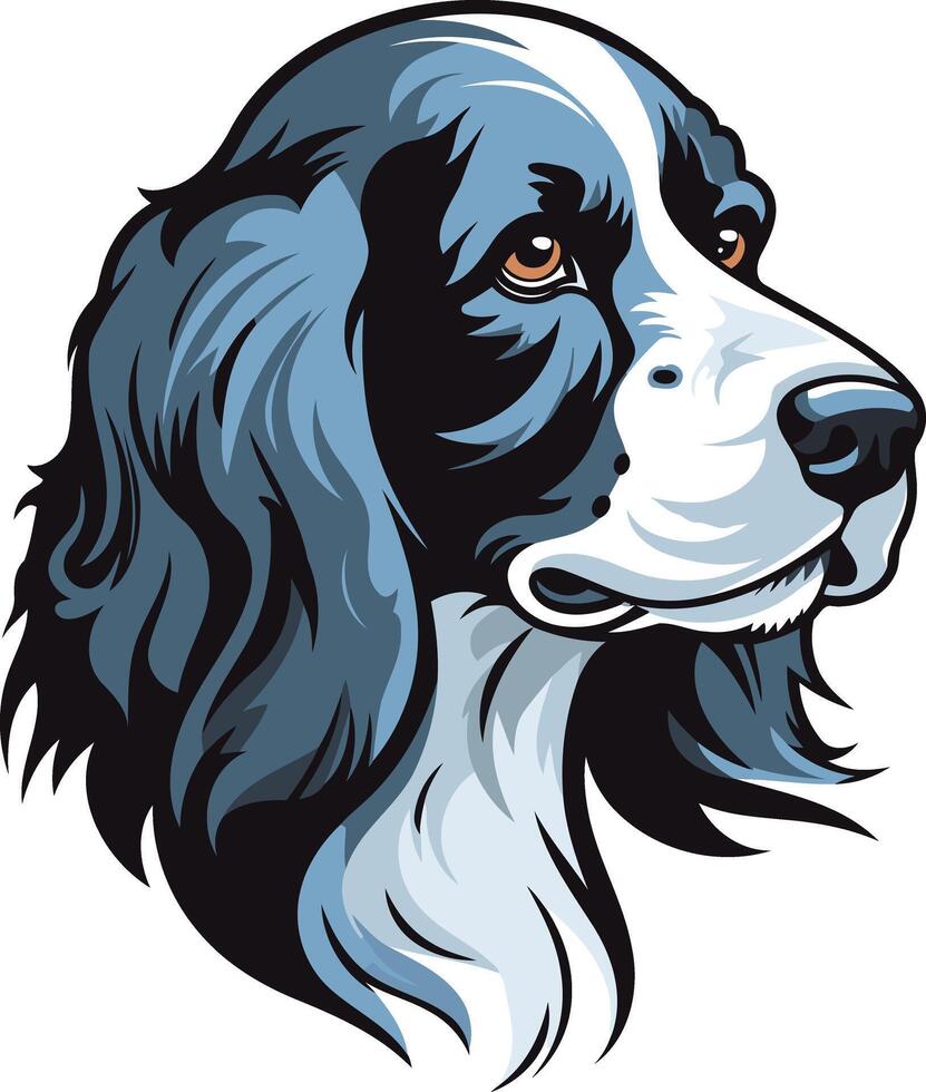 A detailed element illustration of a black and white spaniel dog, looking off to the side with a sweet expression vector