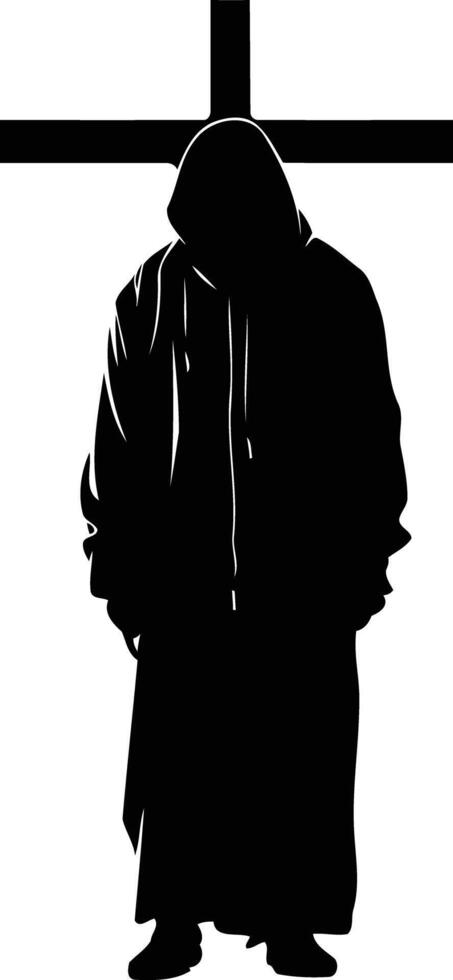 Mysterious silhouette of a hooded figure standing before a cross vector