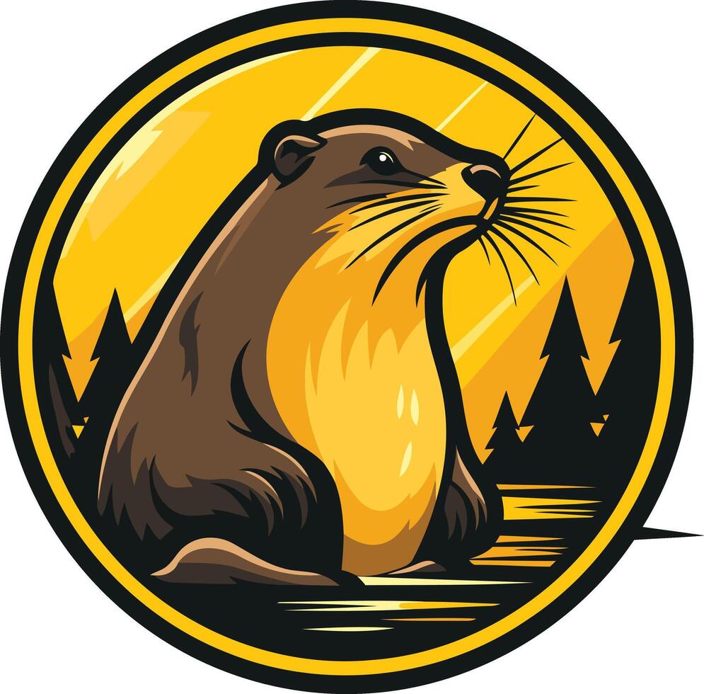 Bold and playful logo design featuring a cartoon otter with a sunset backdrop vector