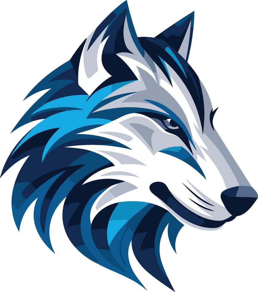 A bold and stylized blue and white wolf head logo, perfect for use as a brand mascot, gaming team emblem, or sports team logo vector