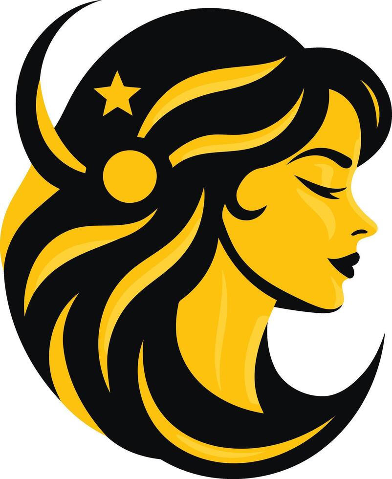 A stylized illustration of a woman's profile with flowing hair and a star vector
