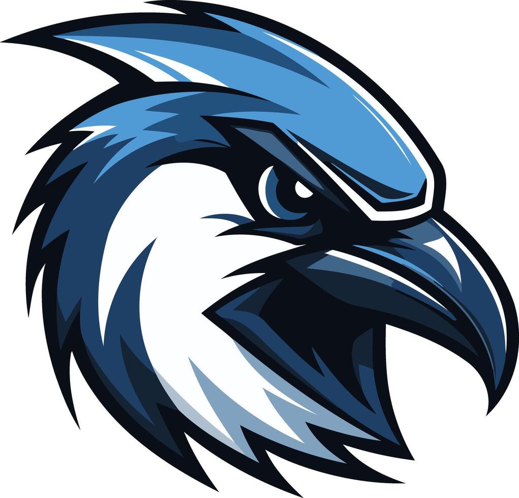 Aggressive and powerful blue jay mascot head, perfect for sports teams, gaming logos, and more vector