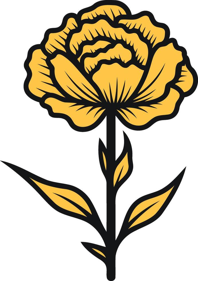 A simple, bold line art illustration of a single yellow carnation flower with stem and leaves vector