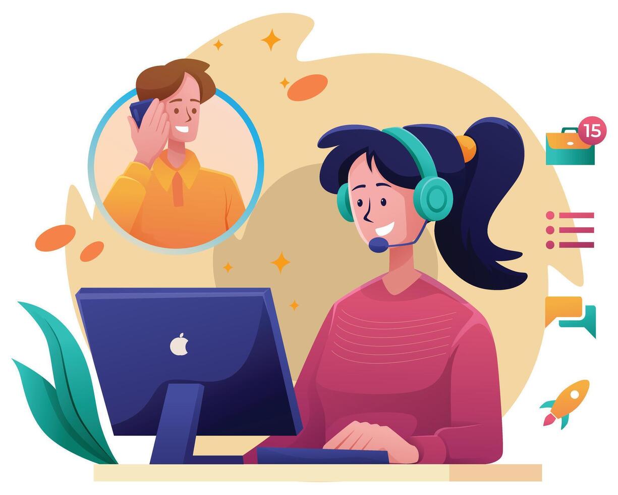 Customer service. Call center. Hotline operators with headphones on laptop screen. vector