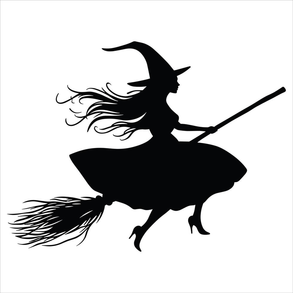 A black silhouette witch on broomstick on a white background vector