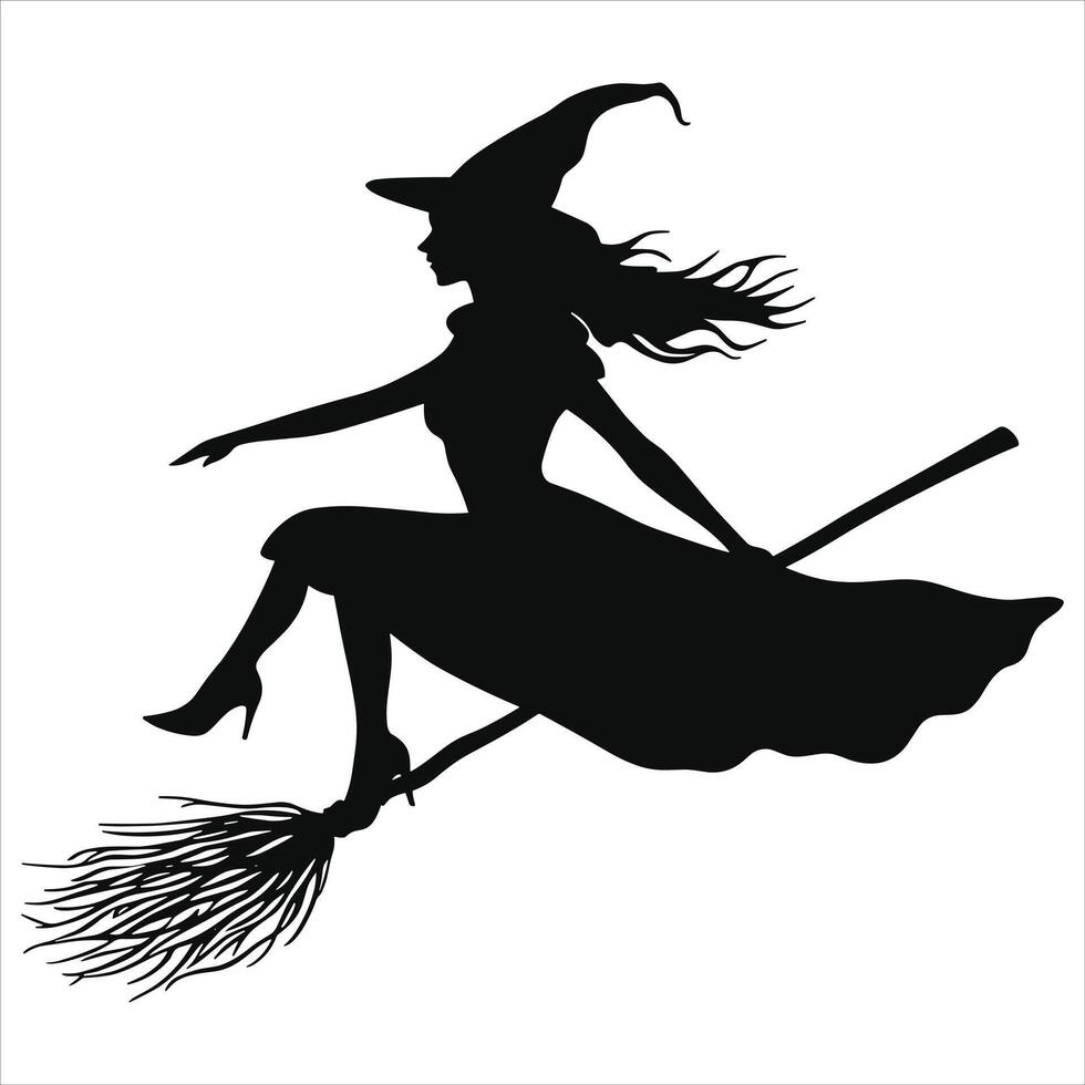A black silhouette witch flying on a broom solid white background vector