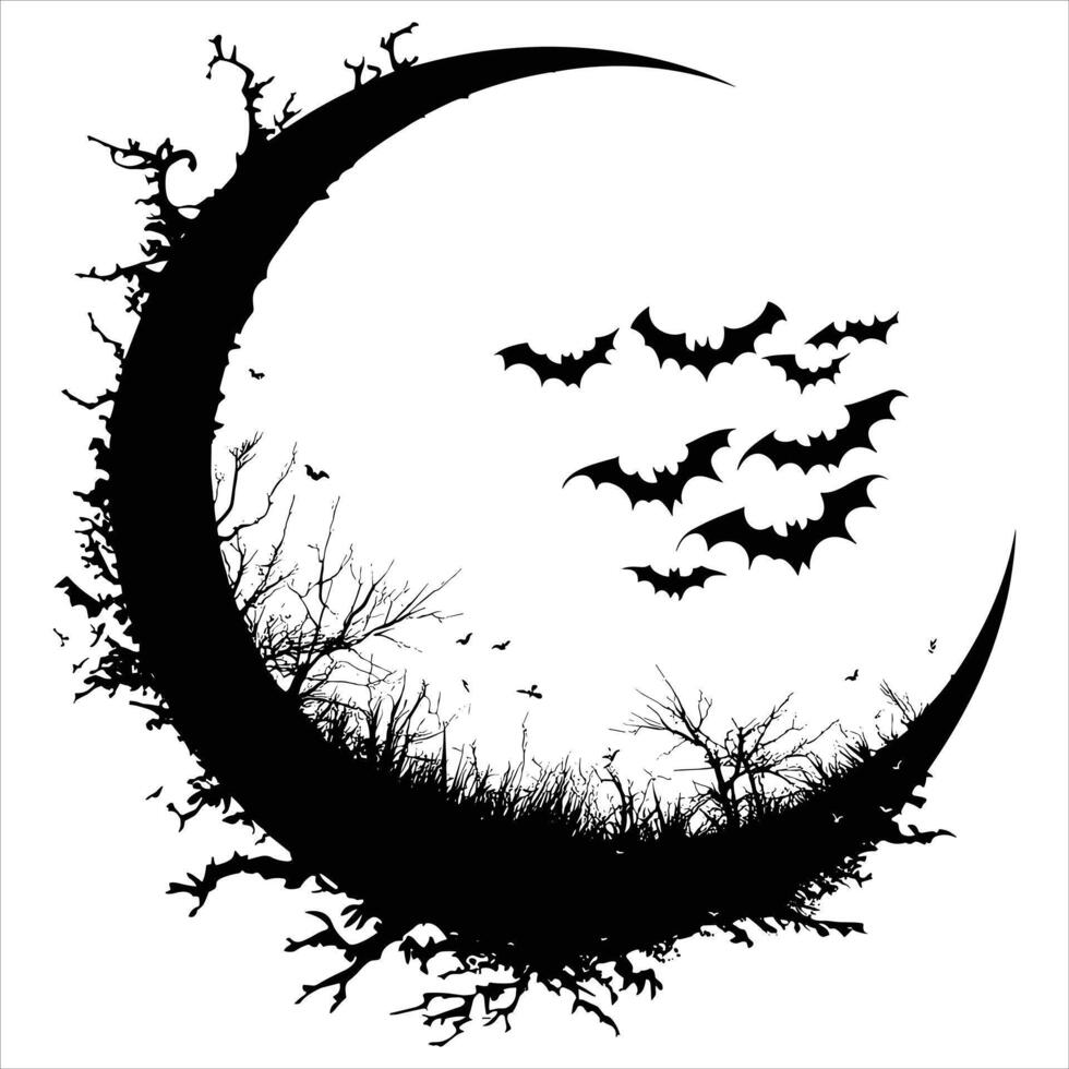 A black silhouette moon with bats on a white background vector