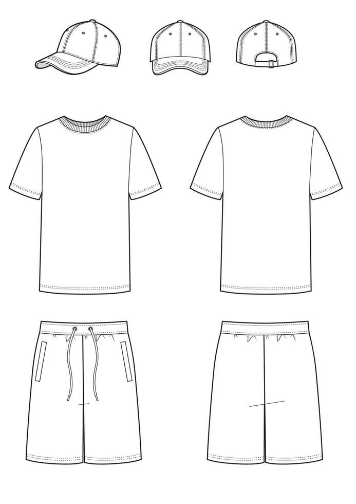 Blank templates of t-shirt, baseball cap and shorts vector