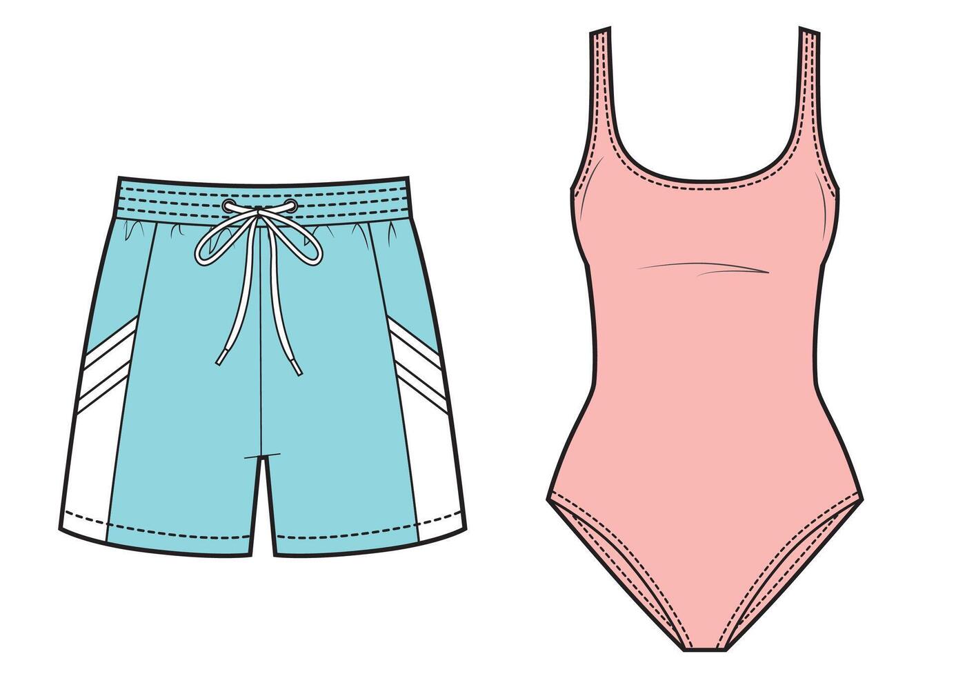 Women's pink swimsuit and men's blue swimming trunks shorts for swimming. vector