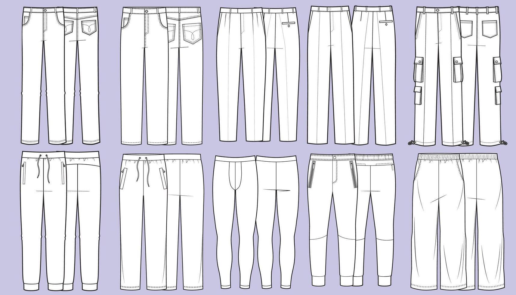 Set of technical sketches of man's pants vector