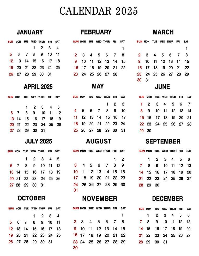 Full calendar of 2025 from January to December vector