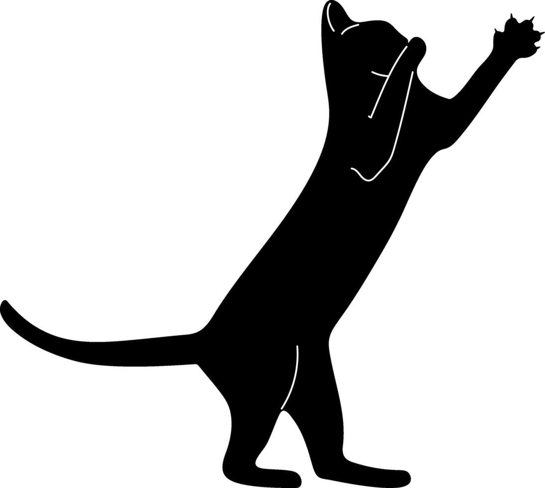 illustration of silhouette black cat playing and stand with two feet no people. vector