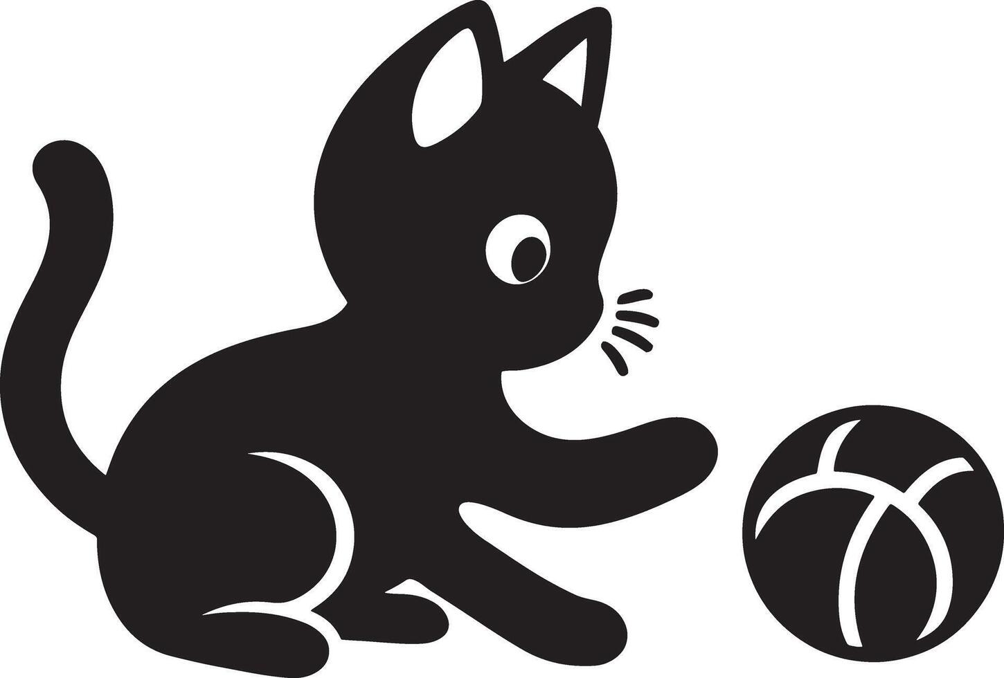 Silhouette of a cute kitten playing with a ball, outlined in a simple design vector