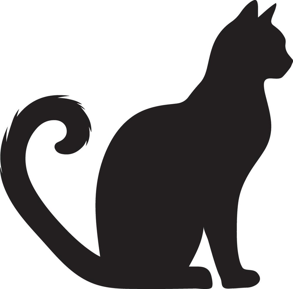 Silhouette of a cat sitting gracefully with its tail curled around its paws. vector