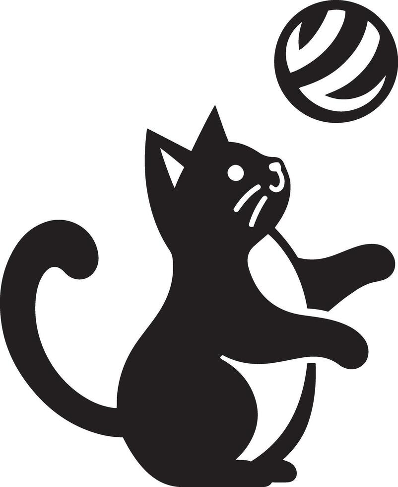 Silhouette of a cute cat playing with a ball, outlined in a simple design. vector