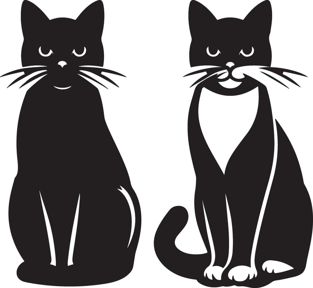 Silhouette illustration of two cat sitting gracefully with its tail curled around its paws. vector