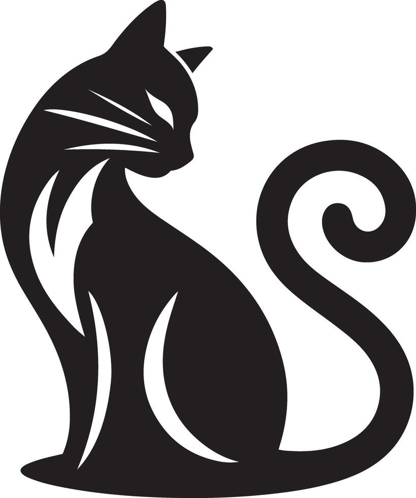 Silhouette of a cat sitting gracefully, with its tail curled around its paws. vector