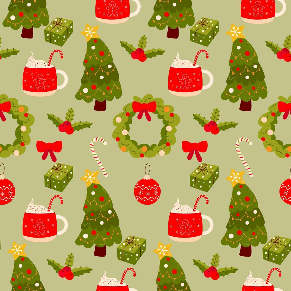 Seamless Christmas pattern on green background Christmas tree, gift, toy. Background for gift paper or fabric. vector