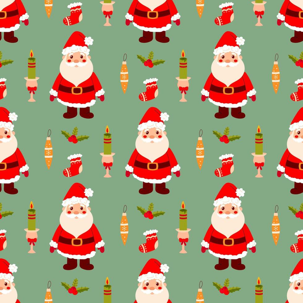 Seamless Christmas pattern on green background, santa,toy, sock. Background for gift paper or fabric. vector