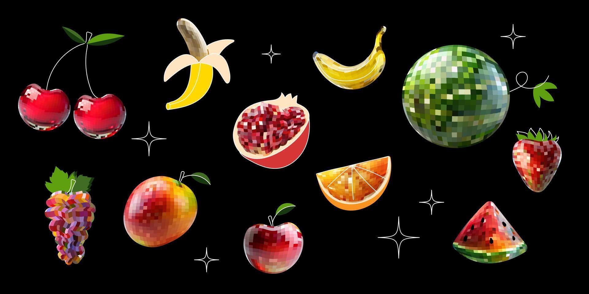 Set of disco mirror ball fruits, banana, apple, watermelon, cherry. On black background vector