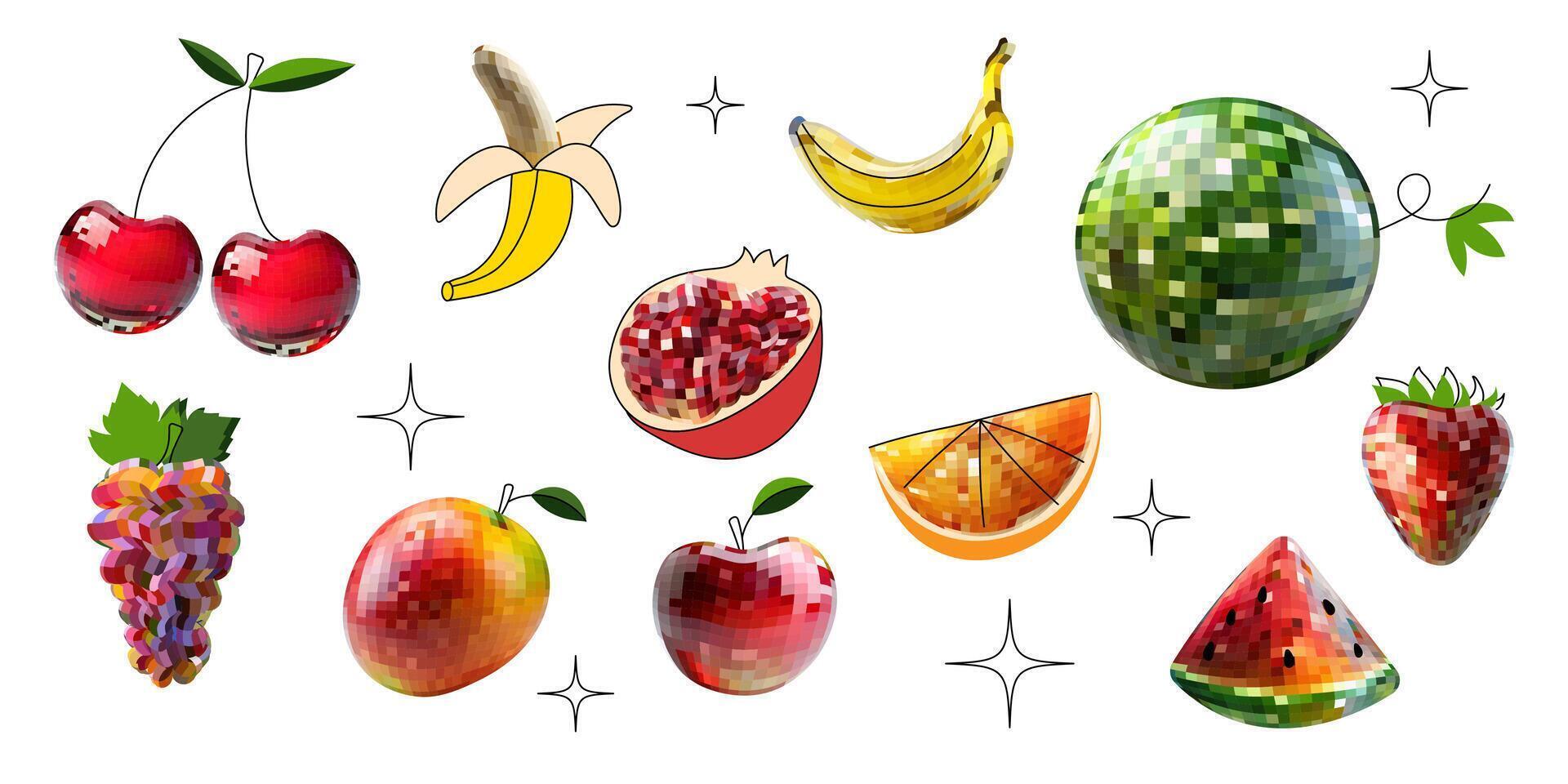 Set of disco mirror ball fruits, banana, apple, watermelon, cherry. Mosaic style on white background. vector