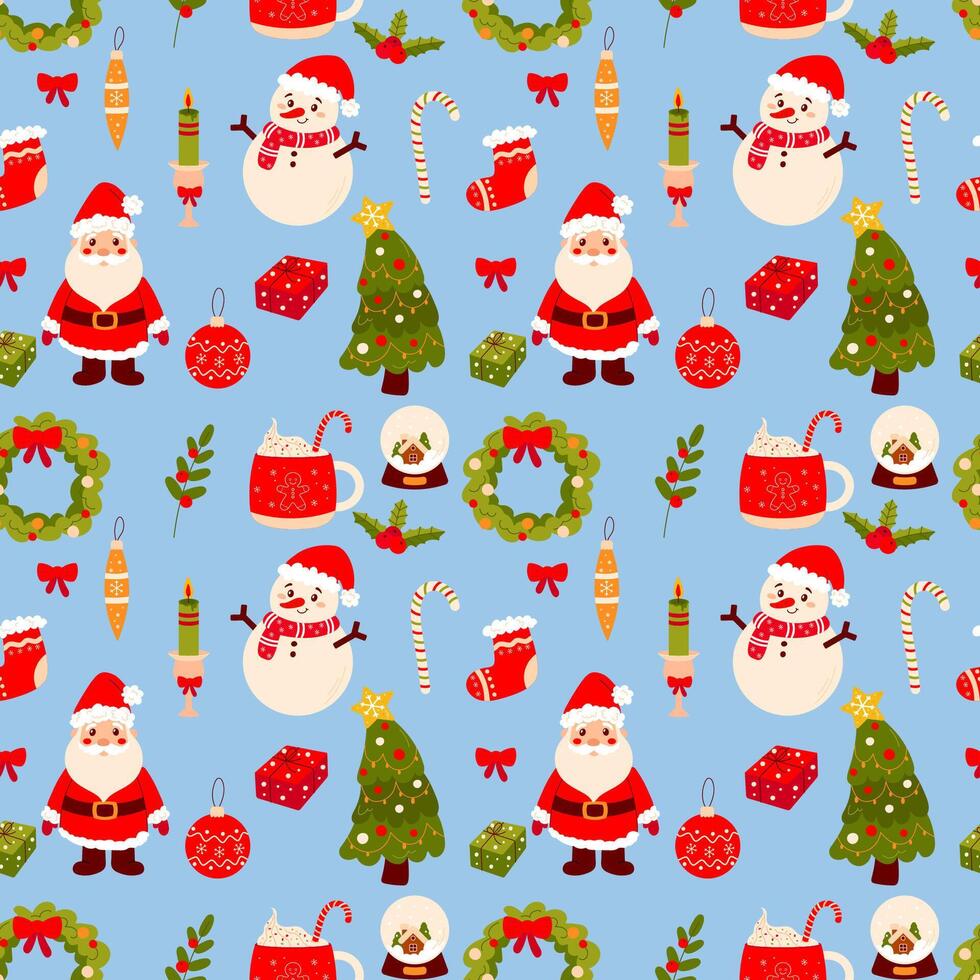 Seamless Christmas pattern on blue background, santa,snowman, gift. Background for gift paper or fabric. vector