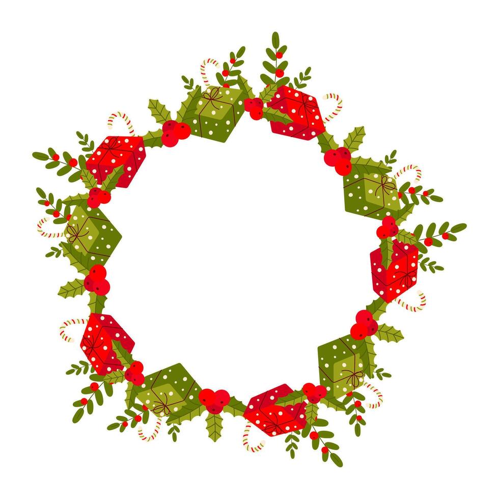New Year frame, gift, candy, branch. On white isolated background. Simple vector