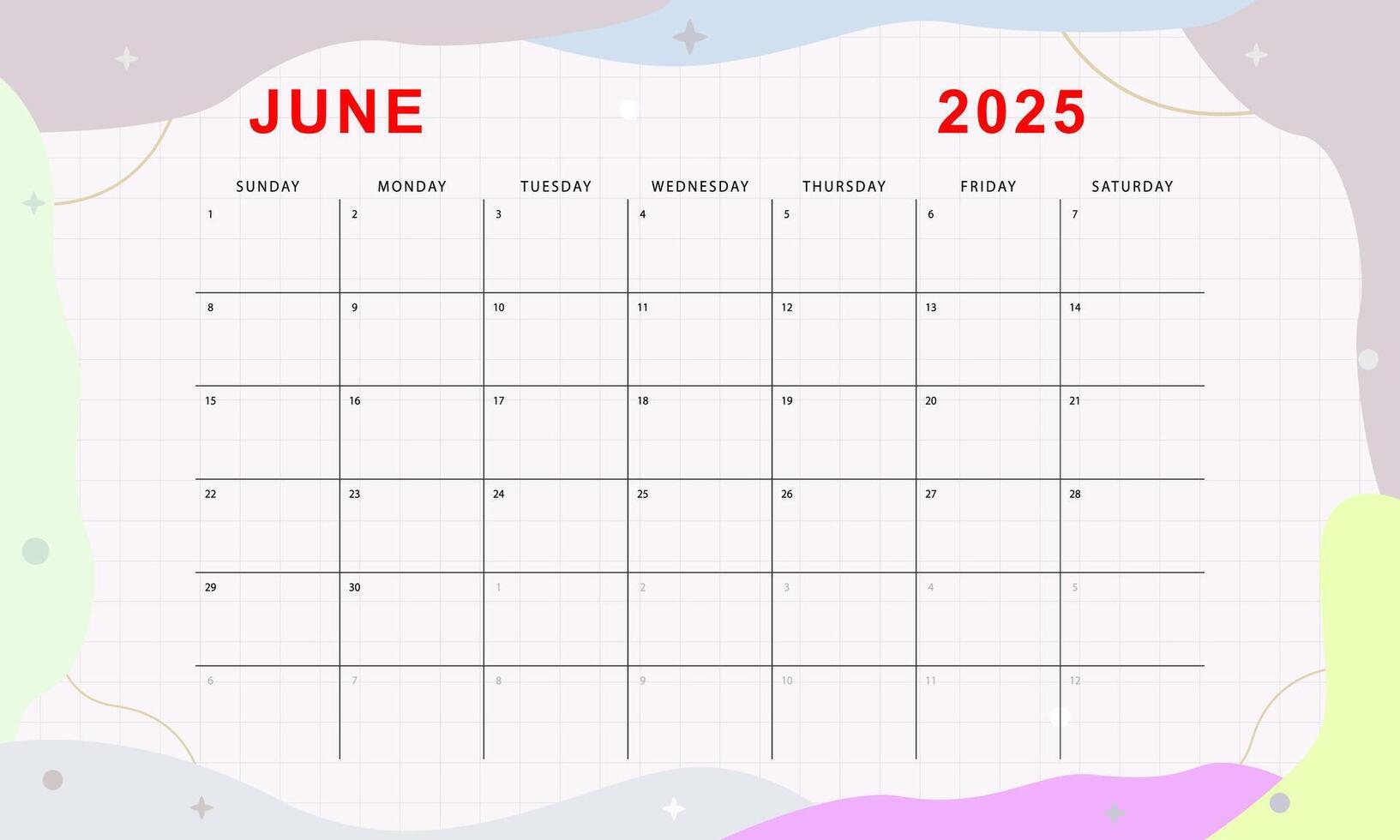 June 2025 monthly planner. Cute calendar template. Sunday start. vector