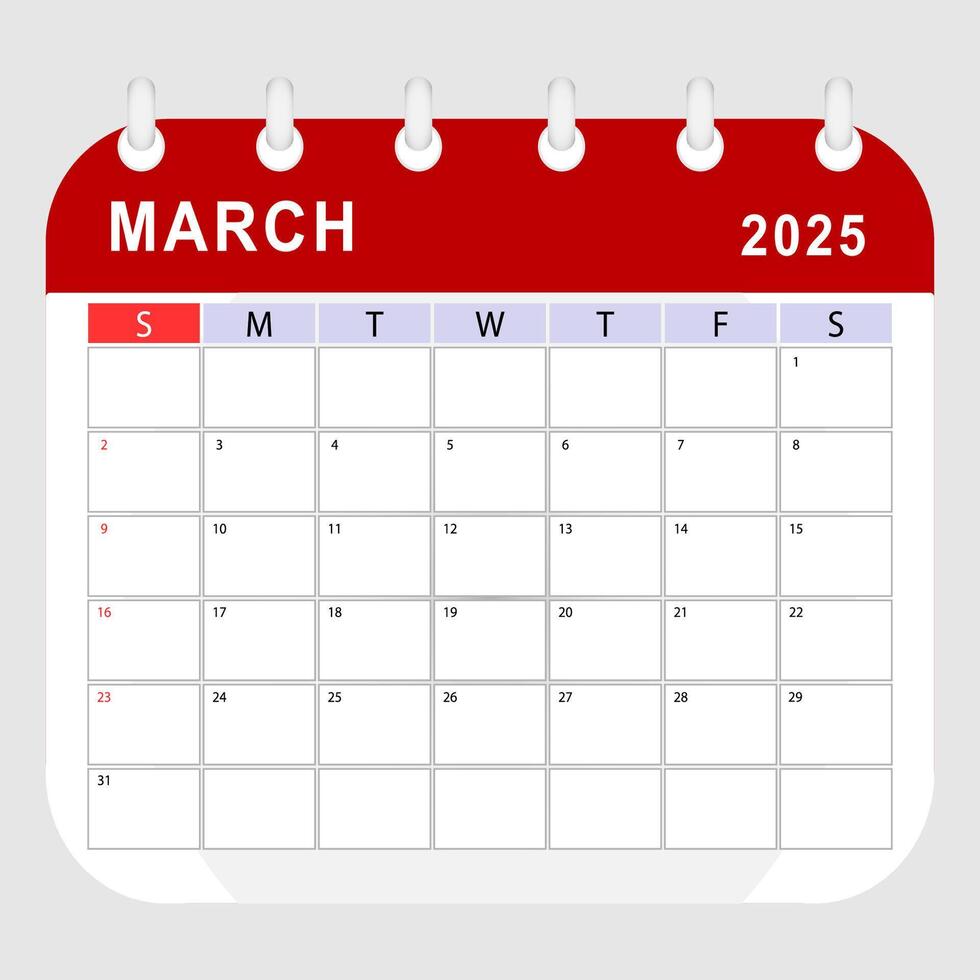 March 2025 calendar. Monthly planner template. Sunday start. vector